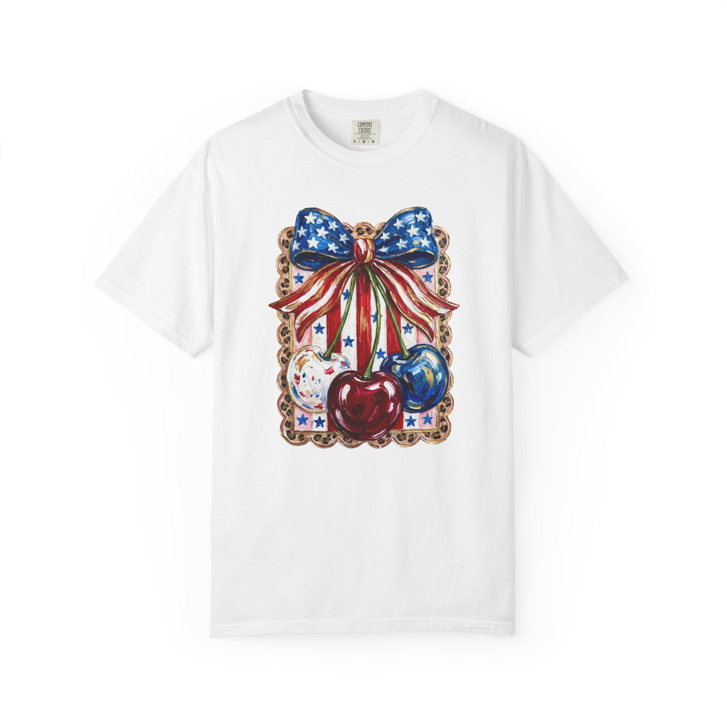 Patriotic Cherry Bow T-Shirt — Americana 4th of July Graphic Tee