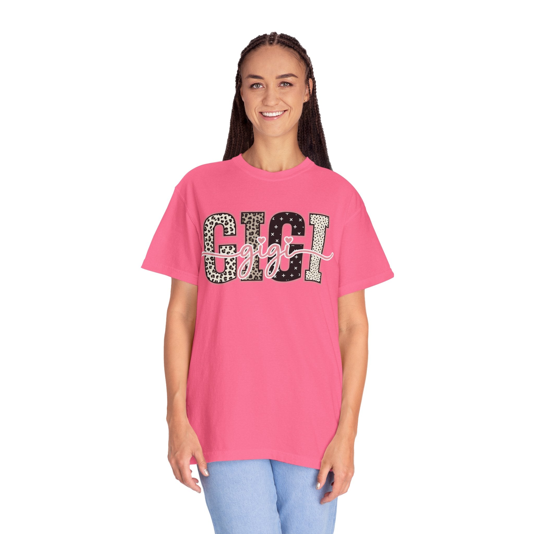 GIGI Leopard Script Tee — Cute Pink & Black Name Graphic T-Shirt