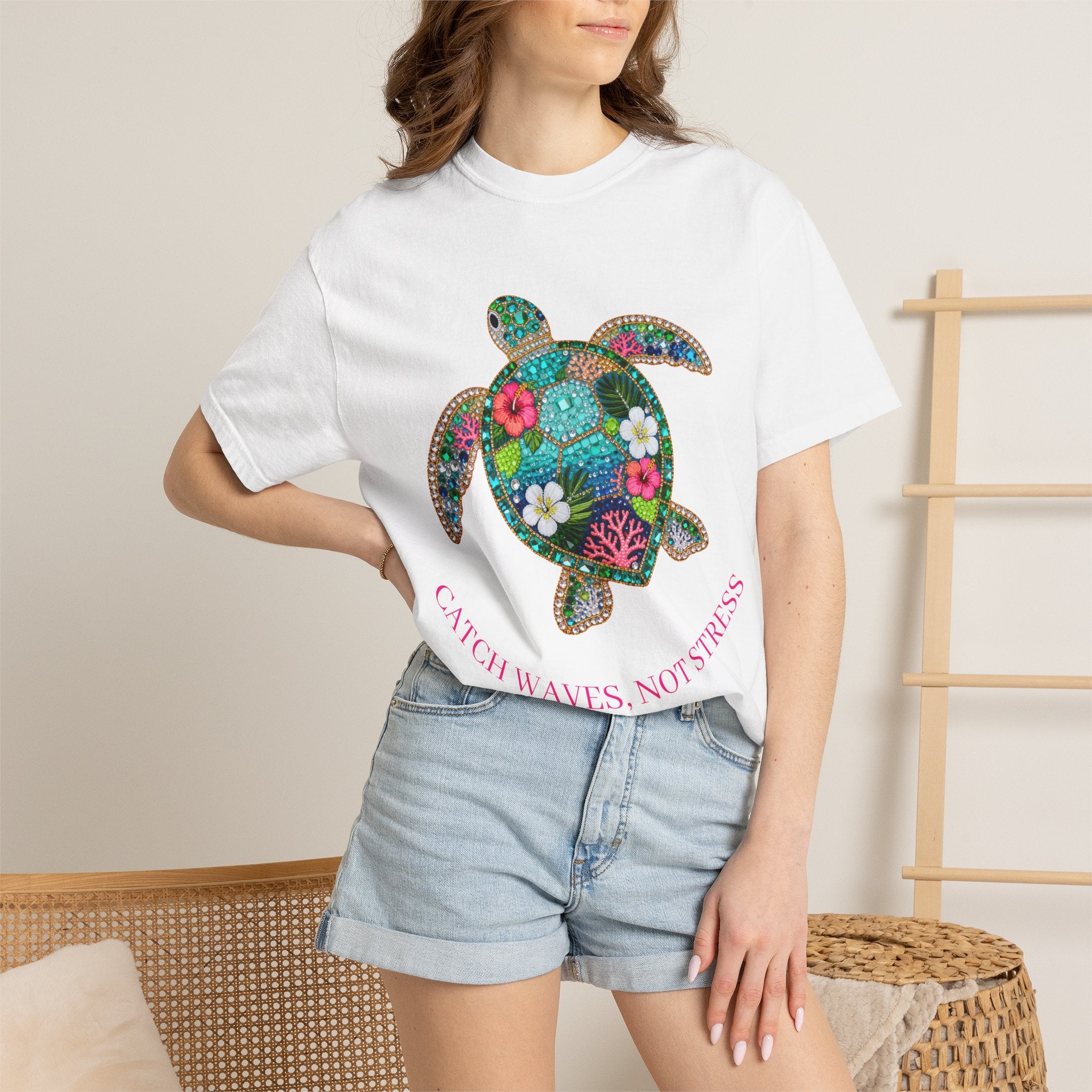 Sea Turtle Floral T-Shirt — "Catch Waves, Not Stress"