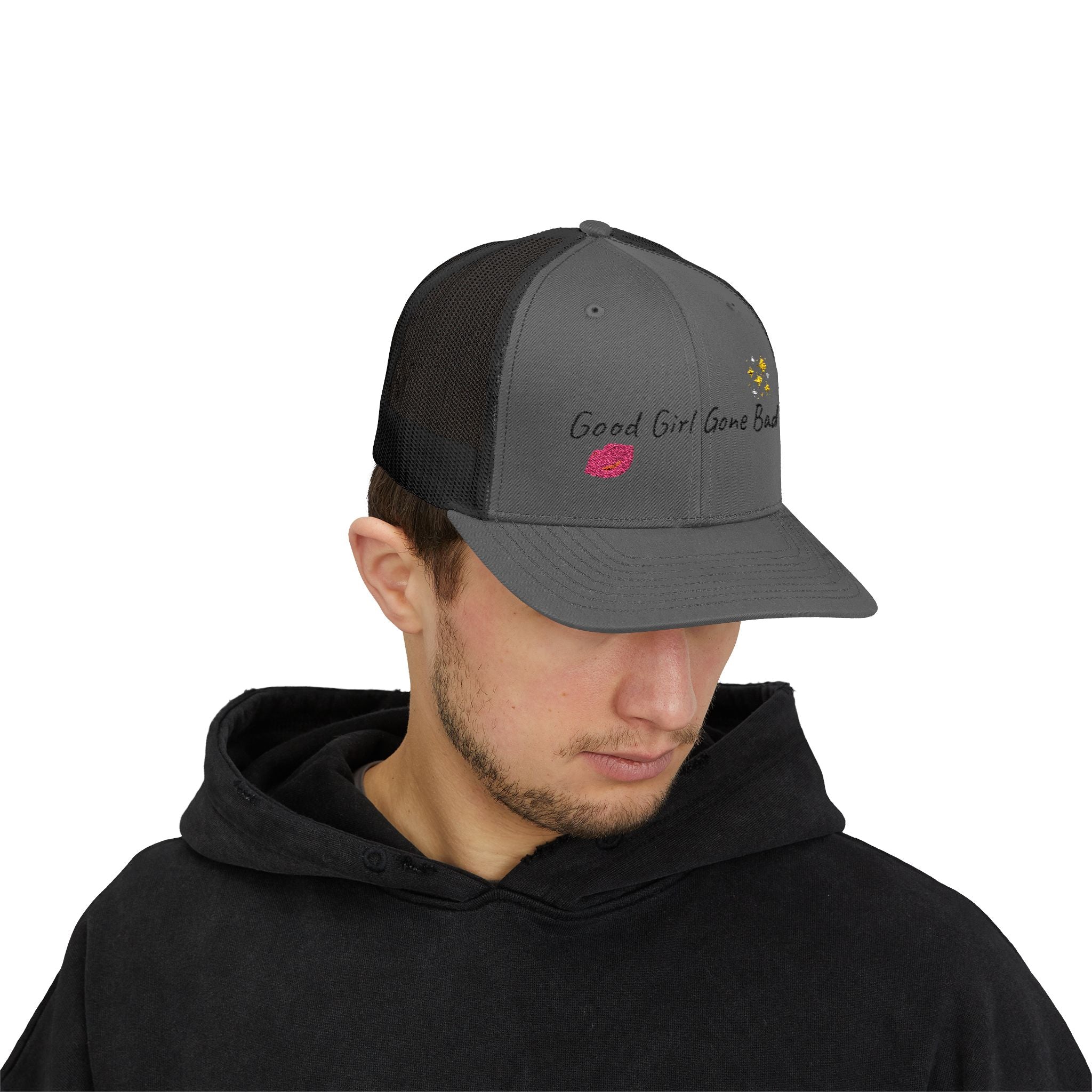 Embroidered Trucker Cap — "Good Girl Gone Bad" Lip & Sparkle Design