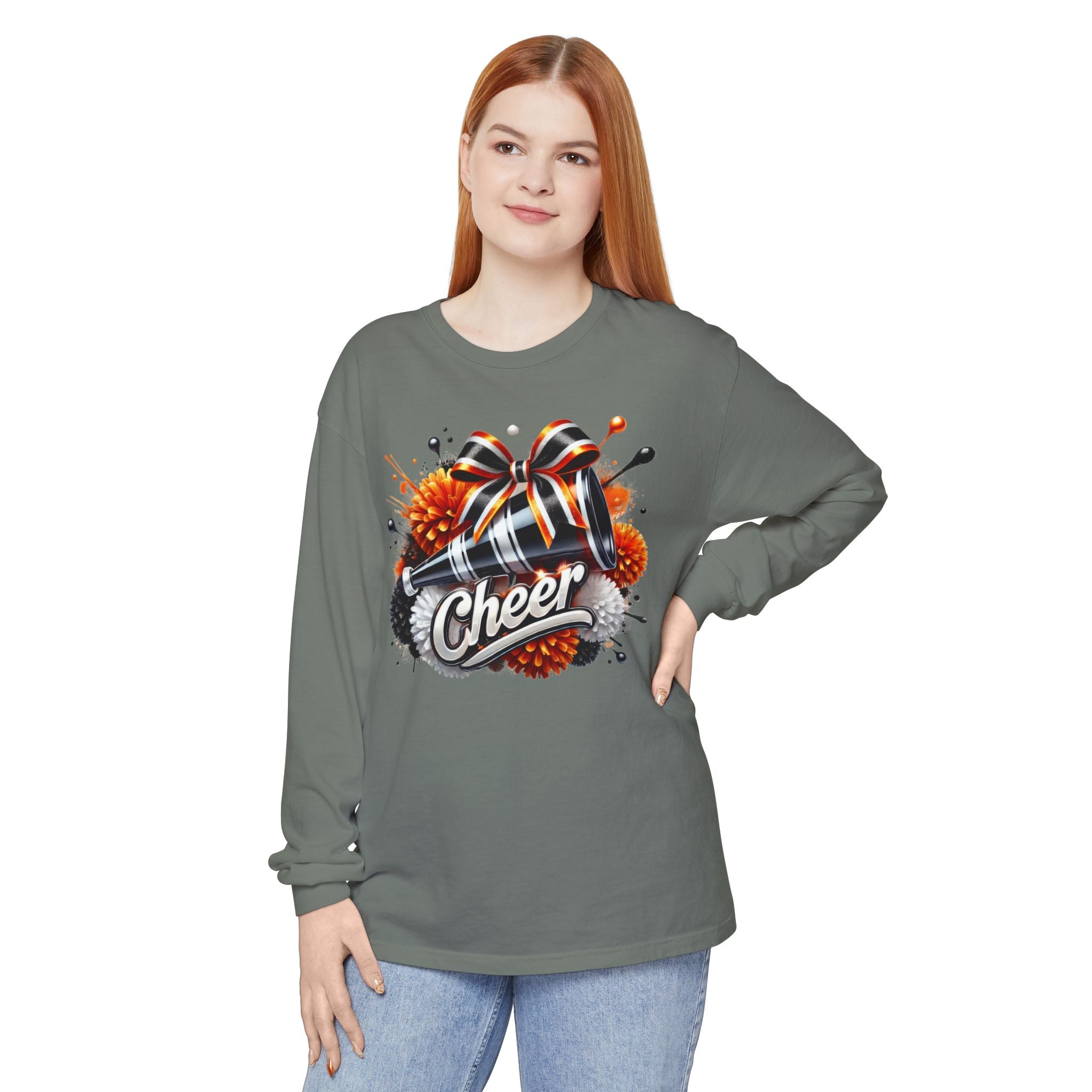 Cheer Megaphone Long Sleeve T‑Shirt — Pom Pom Cheerleader Spirit Top