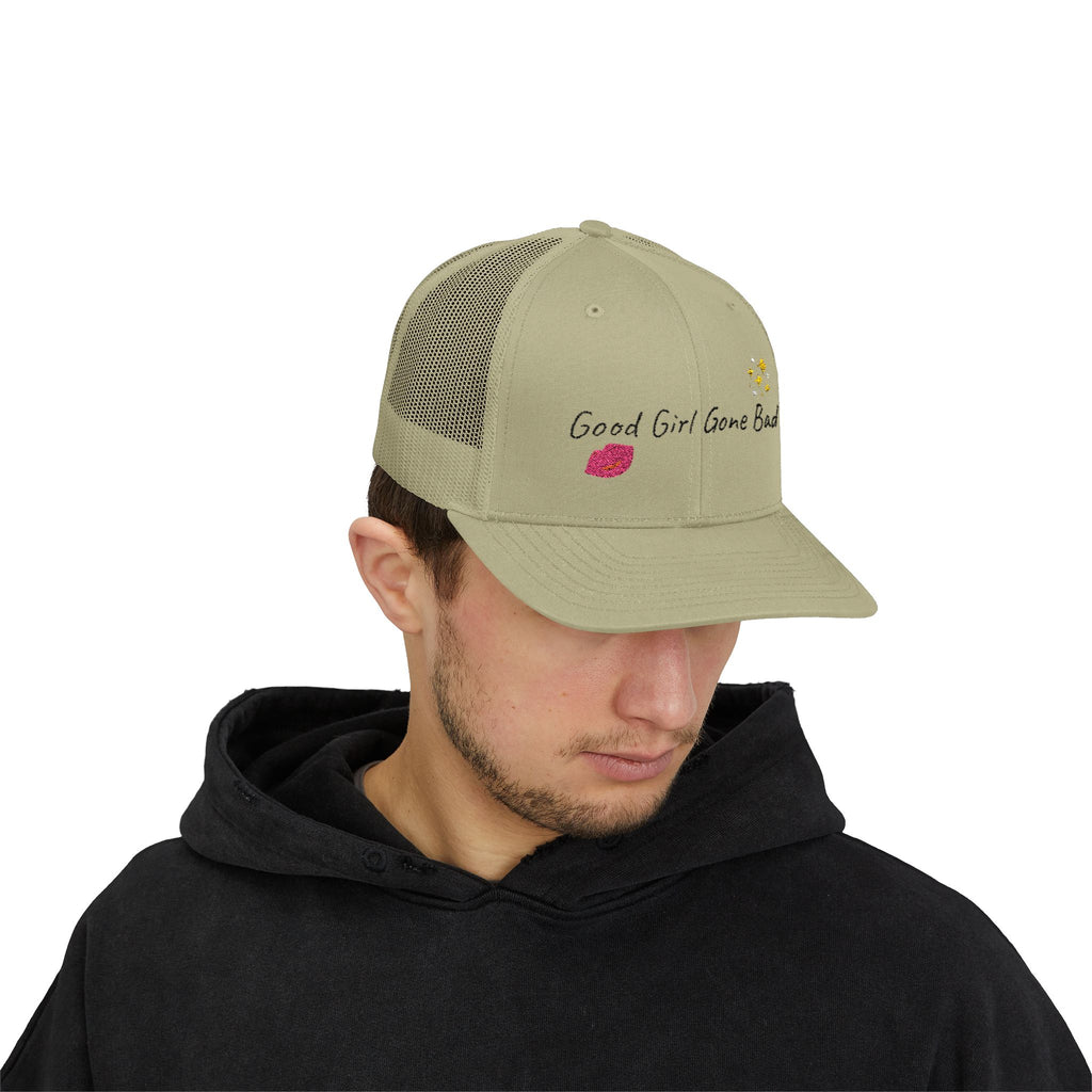 Embroidered Trucker Cap — "Good Girl Gone Bad" Lip & Sparkle Design