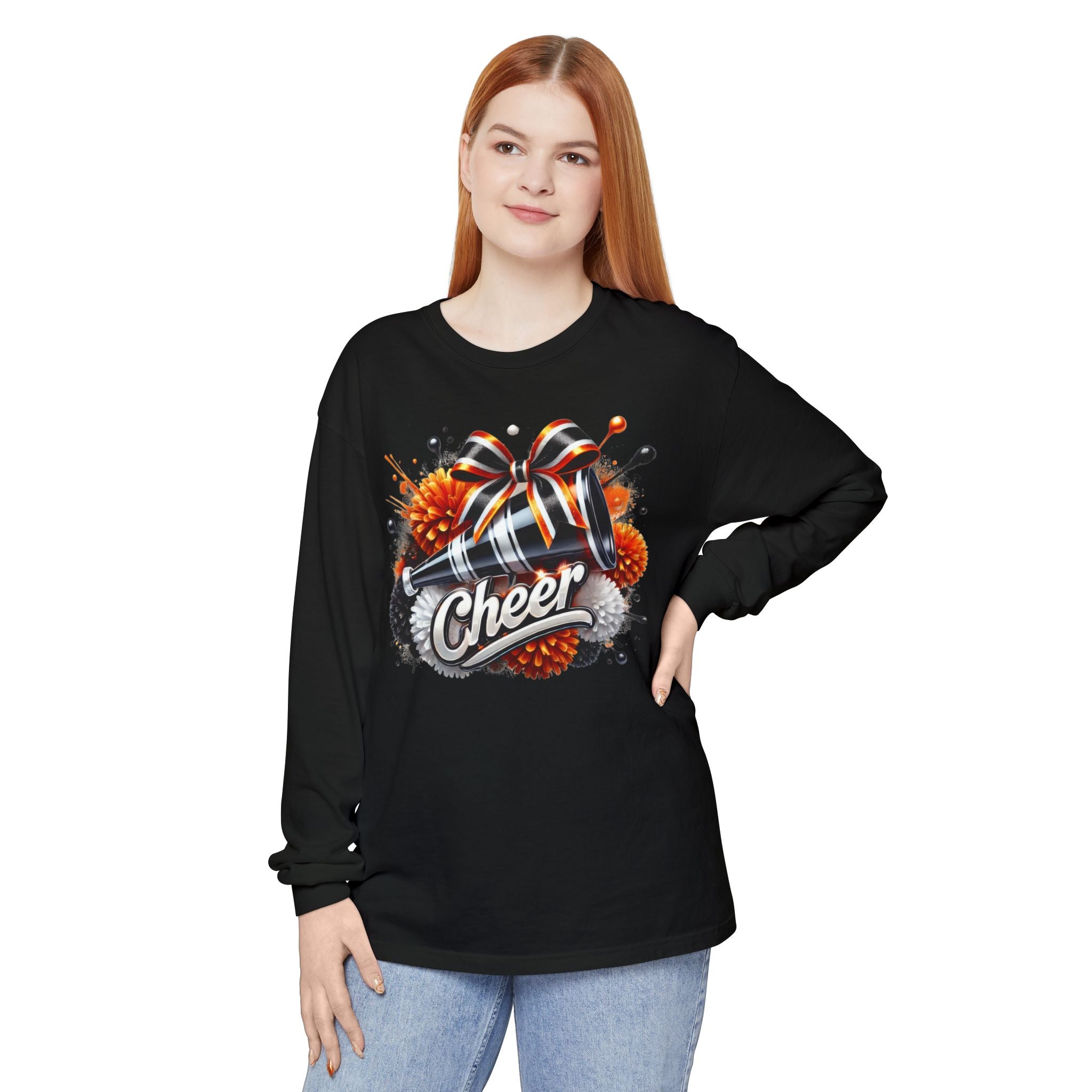Cheer Megaphone Long Sleeve T‑Shirt — Pom Pom Cheerleader Spirit Top