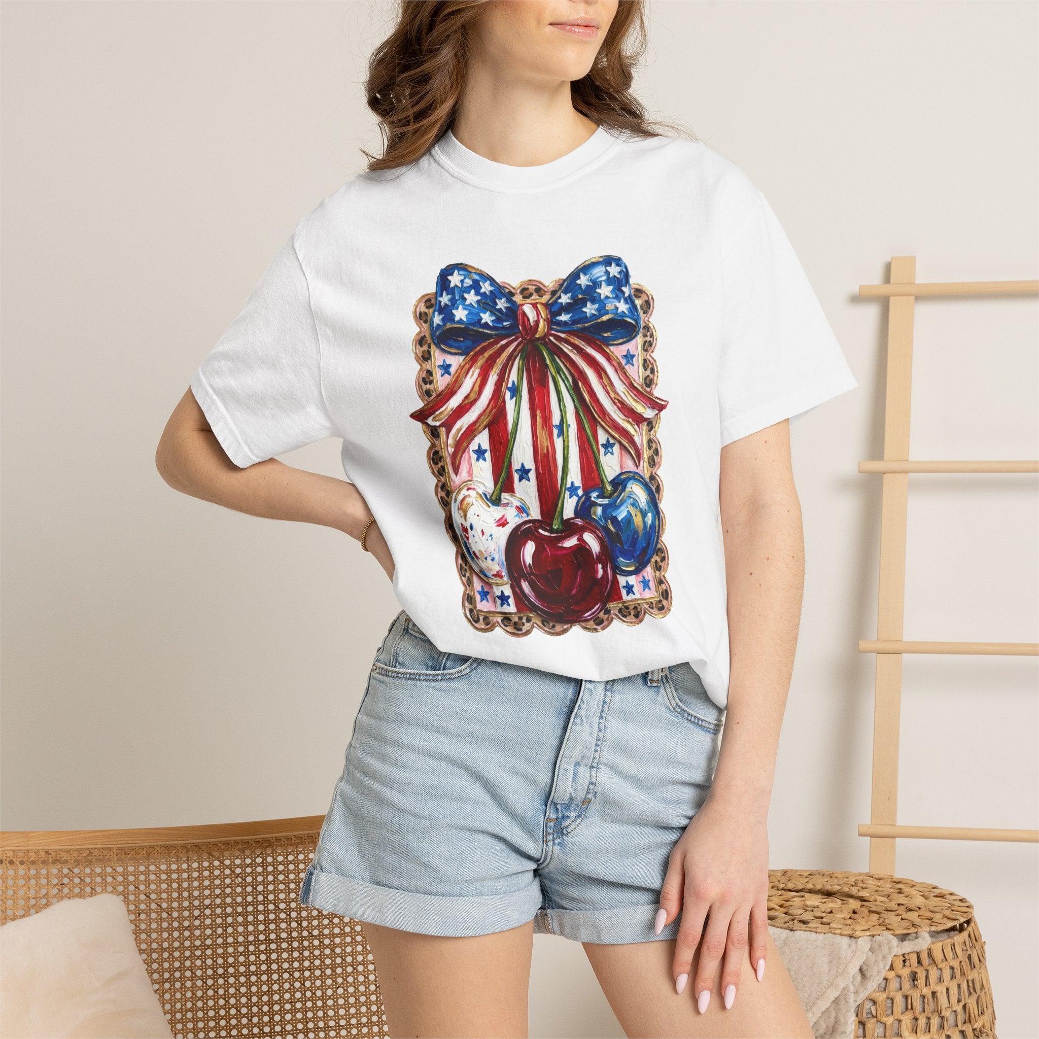 Patriotic Cherry Bow T-Shirt — Americana 4th of July Graphic Tee