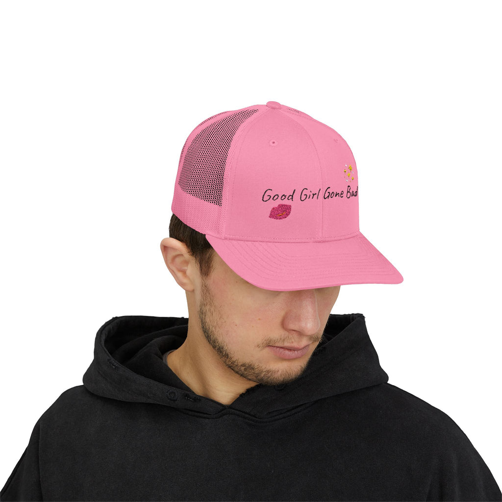Embroidered Trucker Cap — "Good Girl Gone Bad" Lip & Sparkle Design