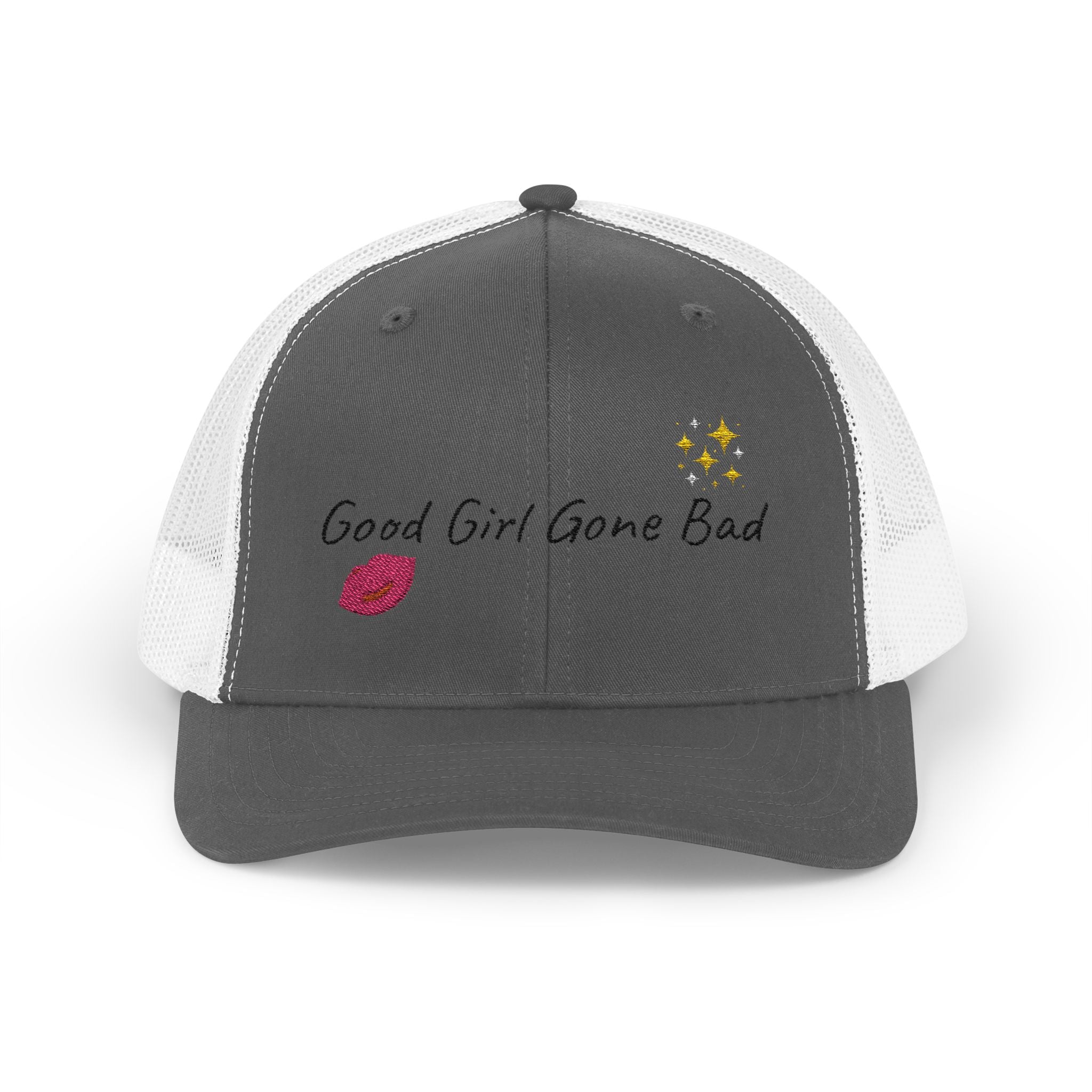Embroidered Trucker Cap — "Good Girl Gone Bad" Lip & Sparkle Design