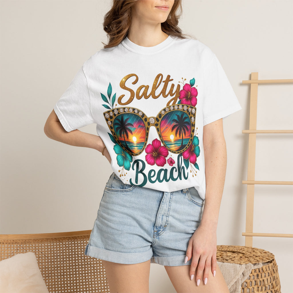 Salty Beach Sunglasses T-Shirt — Tropical Palm Sunset Tee