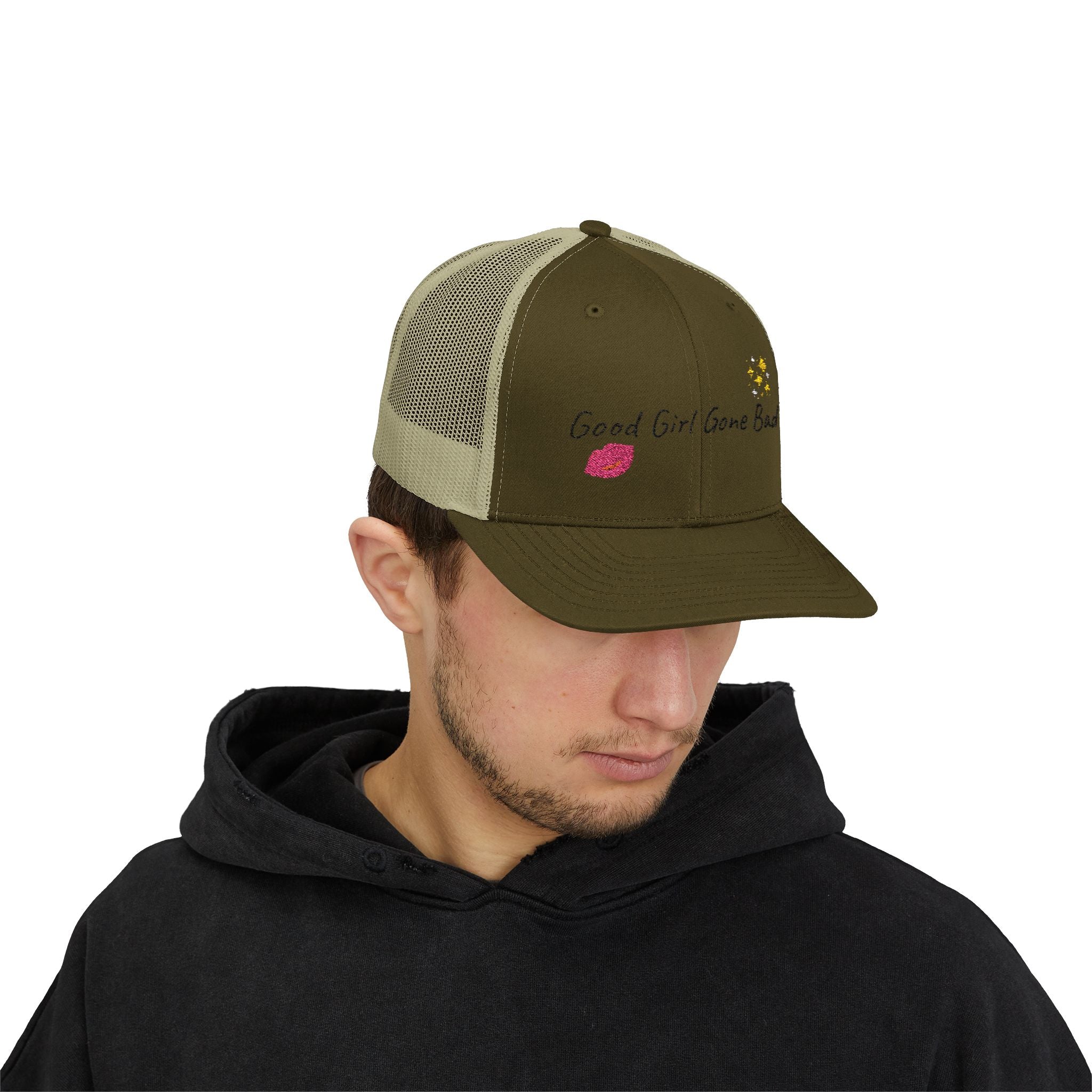 Embroidered Trucker Cap — "Good Girl Gone Bad" Lip & Sparkle Design