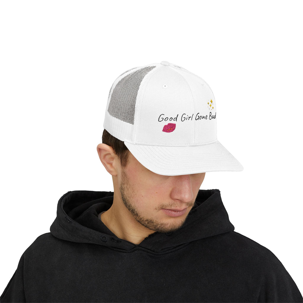 Embroidered Trucker Cap — "Good Girl Gone Bad" Lip & Sparkle Design