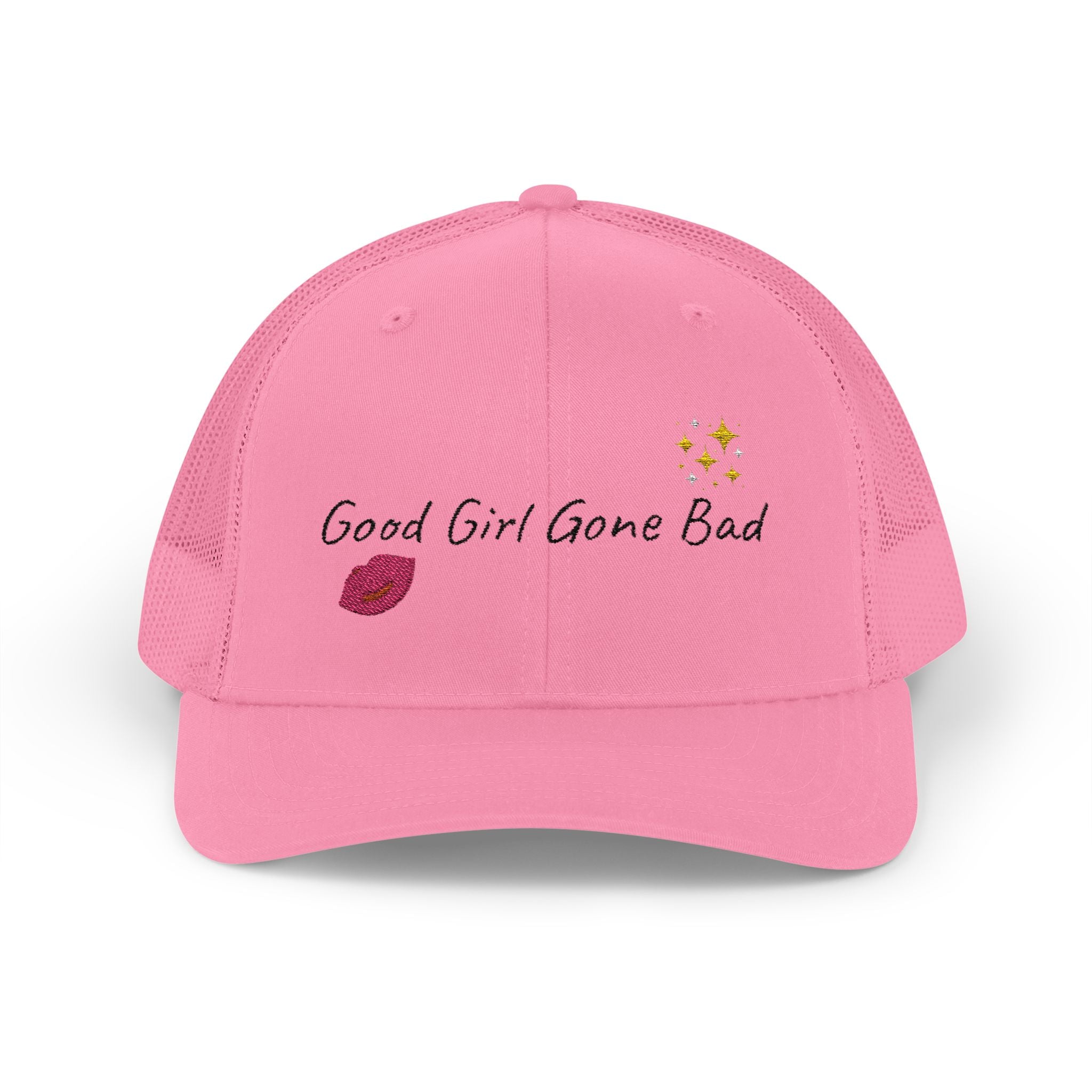 Embroidered Trucker Cap — "Good Girl Gone Bad" Lip & Sparkle Design