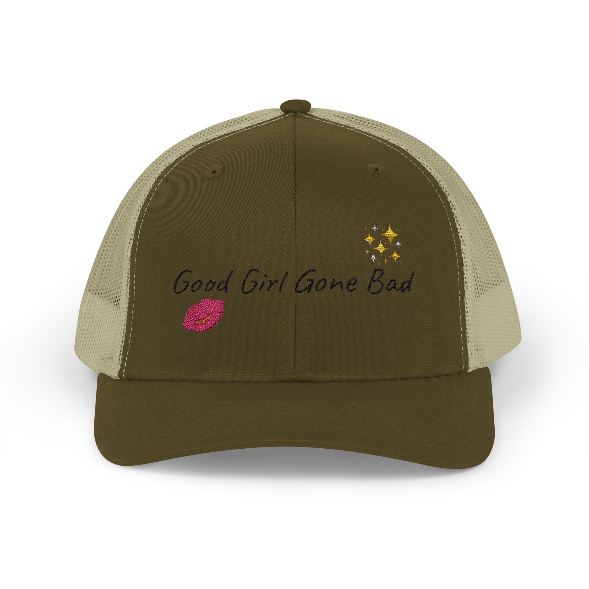Embroidered Trucker Cap — "Good Girl Gone Bad" Lip & Sparkle Design
