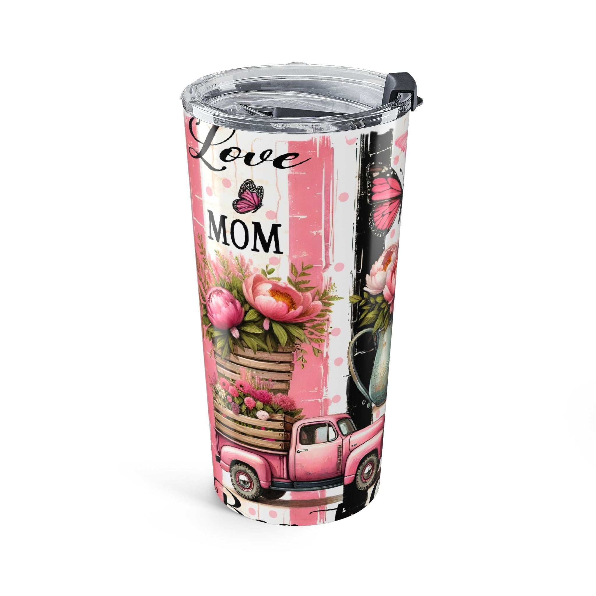 20oz Floral Butterfly Tumbler – 'Love You Mom' Pink Vintage Travel Cup