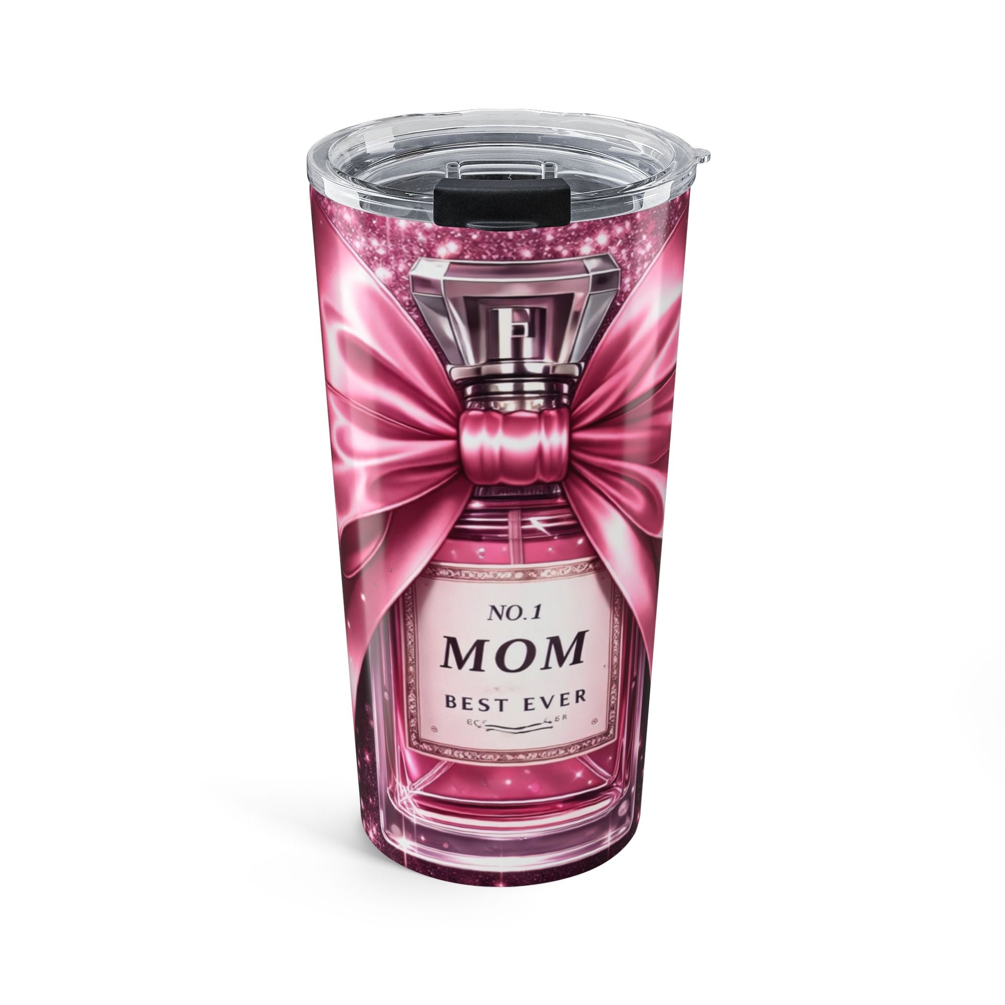 20oz Mom Perfume Bottle Tumbler — 'No.1 Mom Best Ever' Pink Glitter Travel Cup