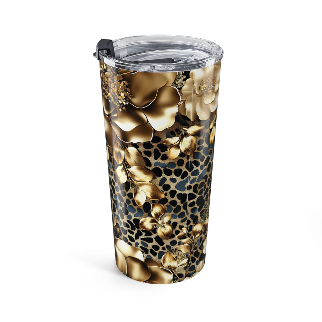 20oz Floral Leopard Travel Tumbler – Gold Rose Print, Insulated Stainless Steel Cup