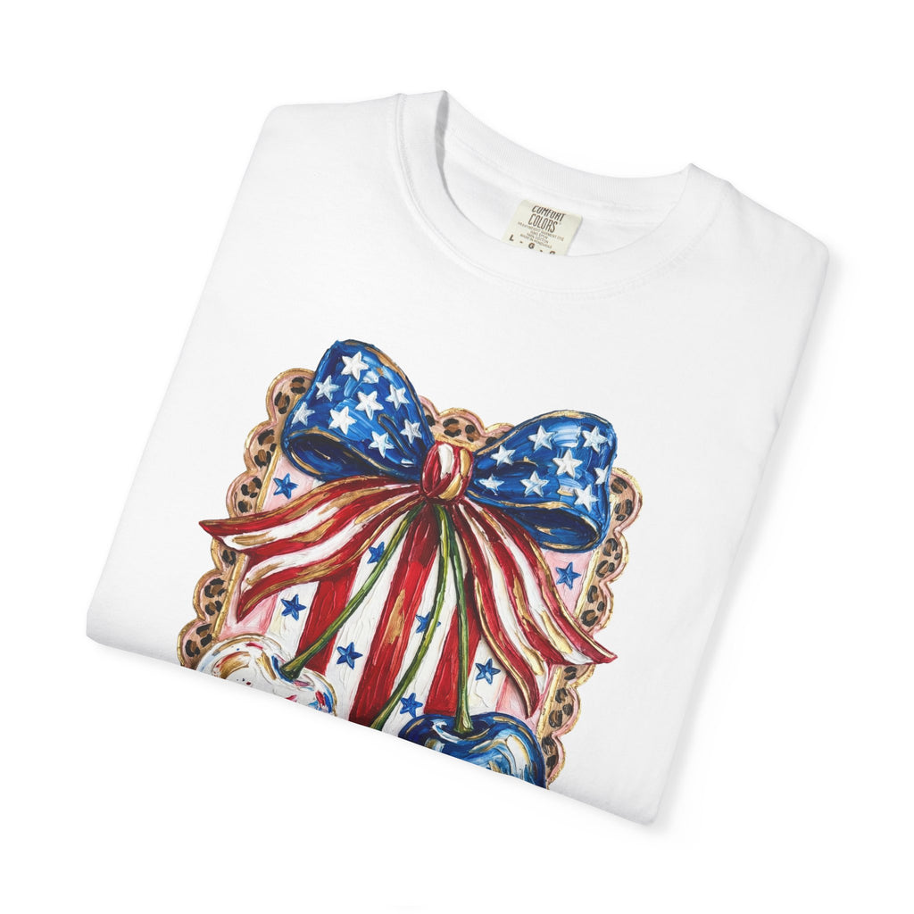 Patriotic Cherry Bow T-Shirt — Americana 4th of July Graphic Tee