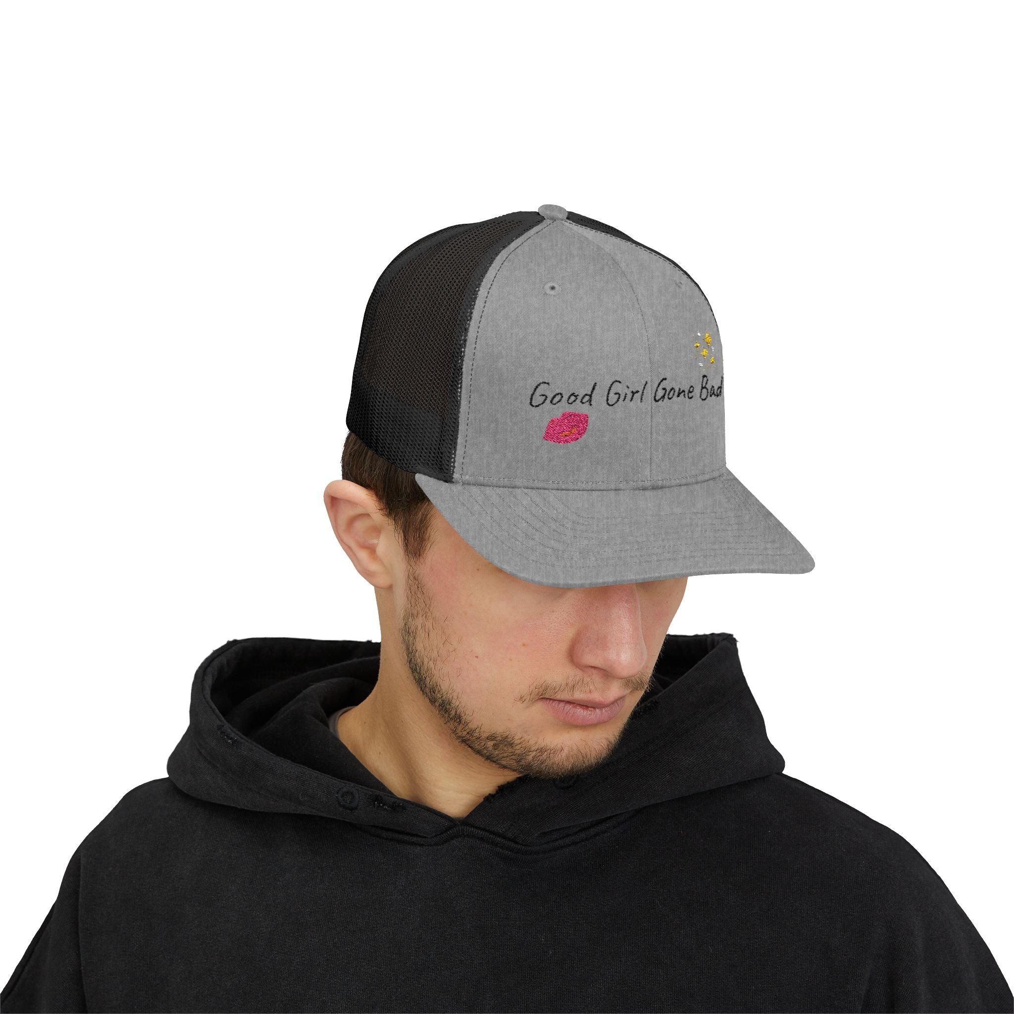 Embroidered Trucker Cap — "Good Girl Gone Bad" Lip & Sparkle Design