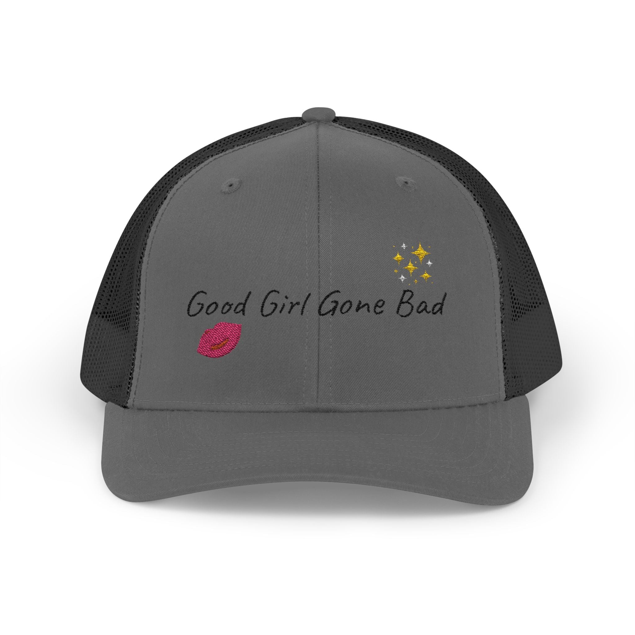 Embroidered Trucker Cap — "Good Girl Gone Bad" Lip & Sparkle Design