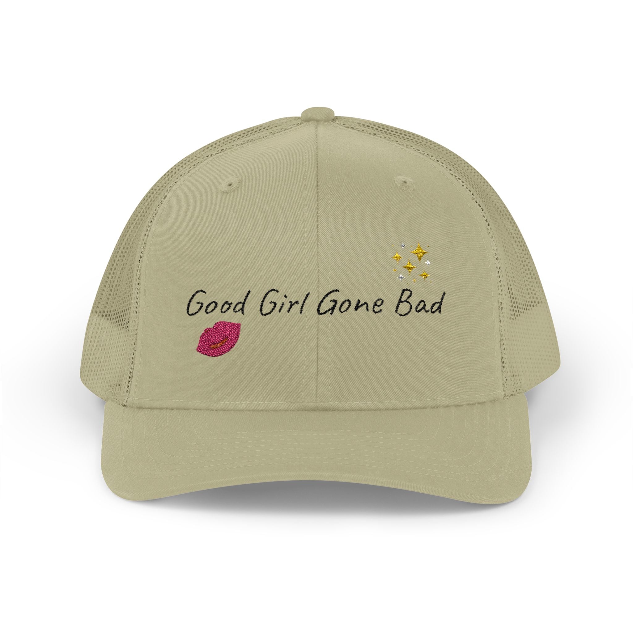 Embroidered Trucker Cap — "Good Girl Gone Bad" Lip & Sparkle Design