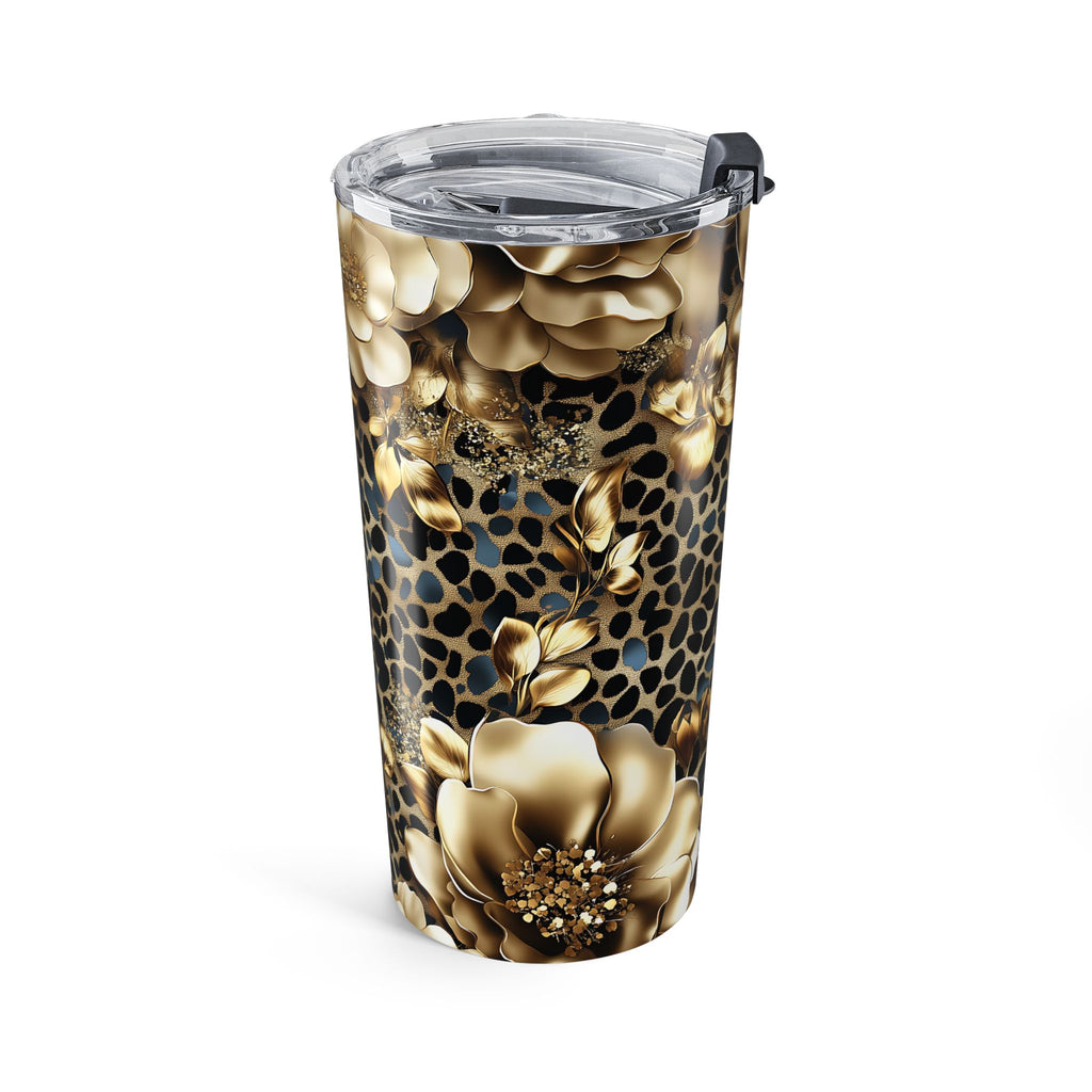 20oz Floral Leopard Travel Tumbler – Gold Rose Print, Insulated Stainless Steel Cup