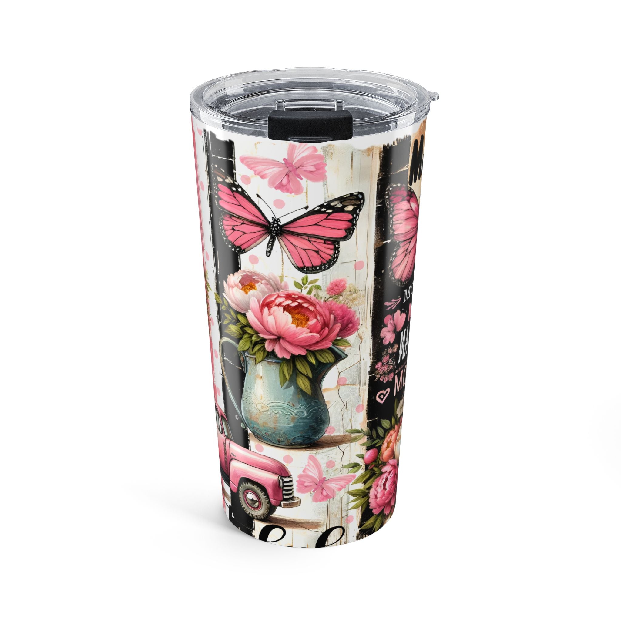 20oz Floral Butterfly Tumbler – 'Love You Mom' Pink Vintage Travel Cup
