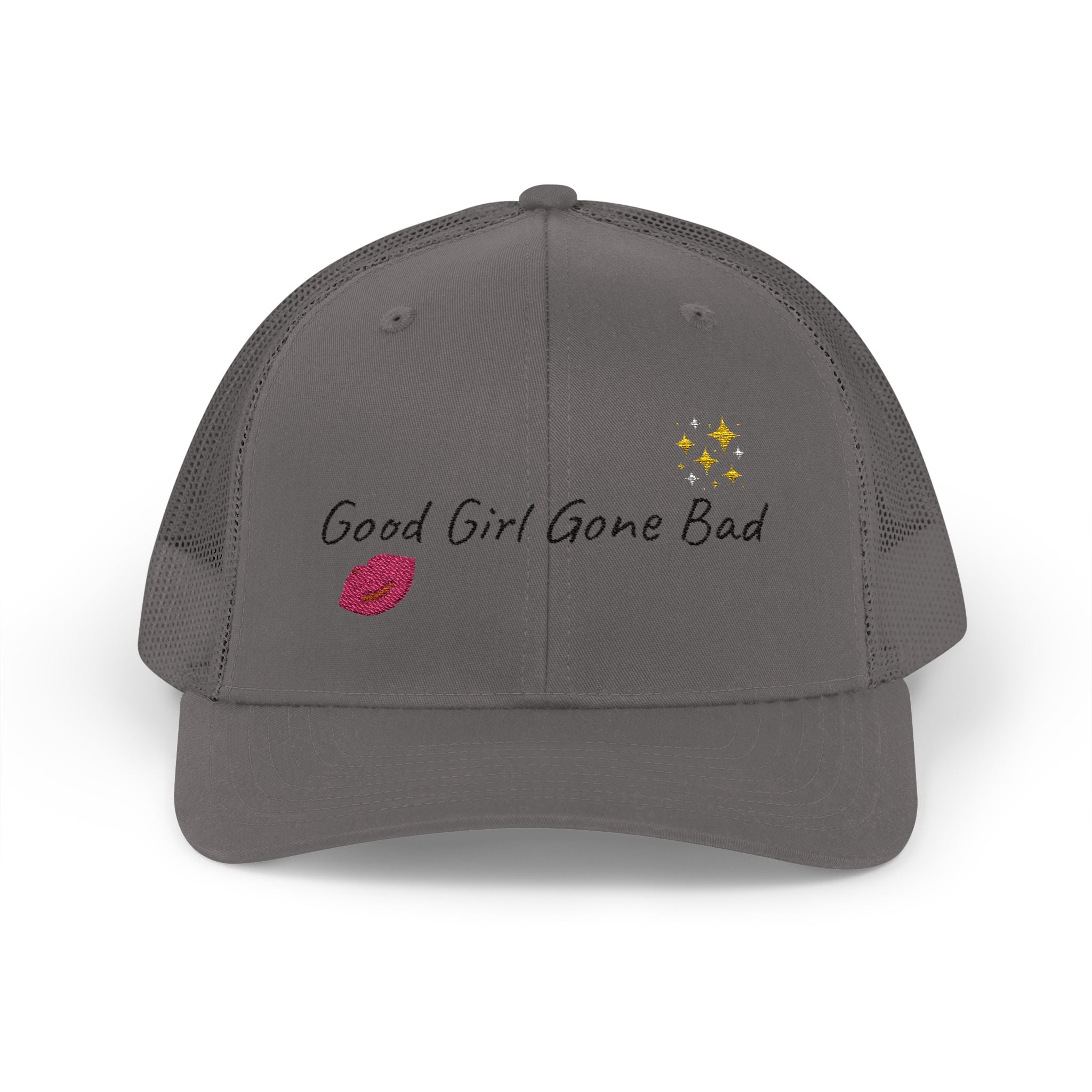 Embroidered Trucker Cap — "Good Girl Gone Bad" Lip & Sparkle Design