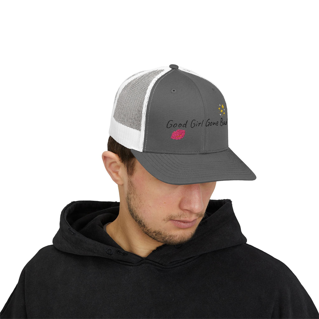 Embroidered Trucker Cap — "Good Girl Gone Bad" Lip & Sparkle Design