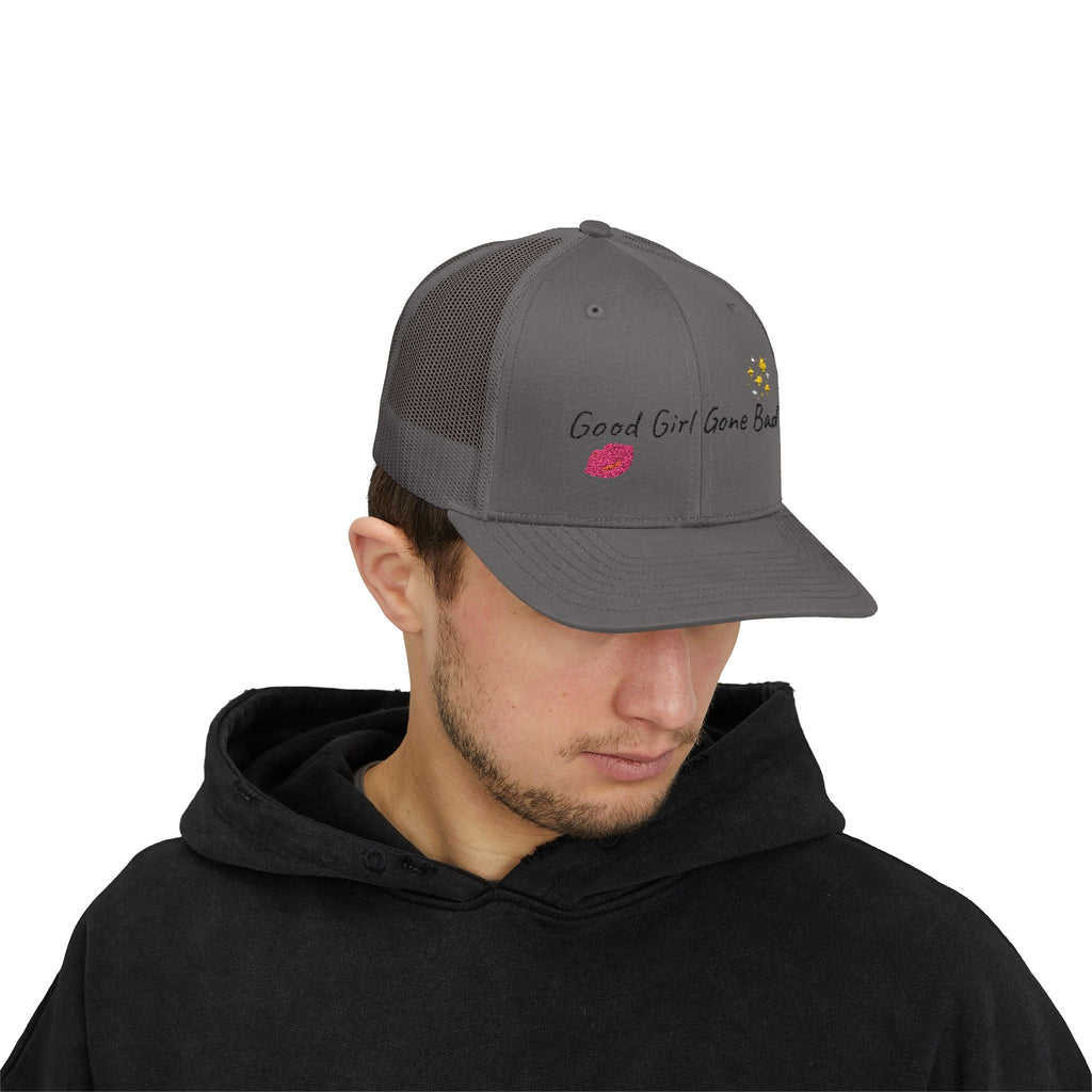 Embroidered Trucker Cap — "Good Girl Gone Bad" Lip & Sparkle Design