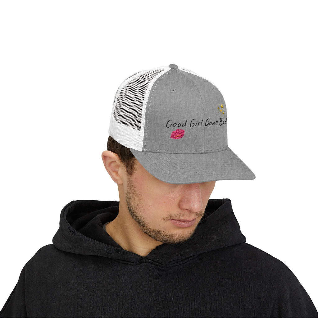 Embroidered Trucker Cap — "Good Girl Gone Bad" Lip & Sparkle Design