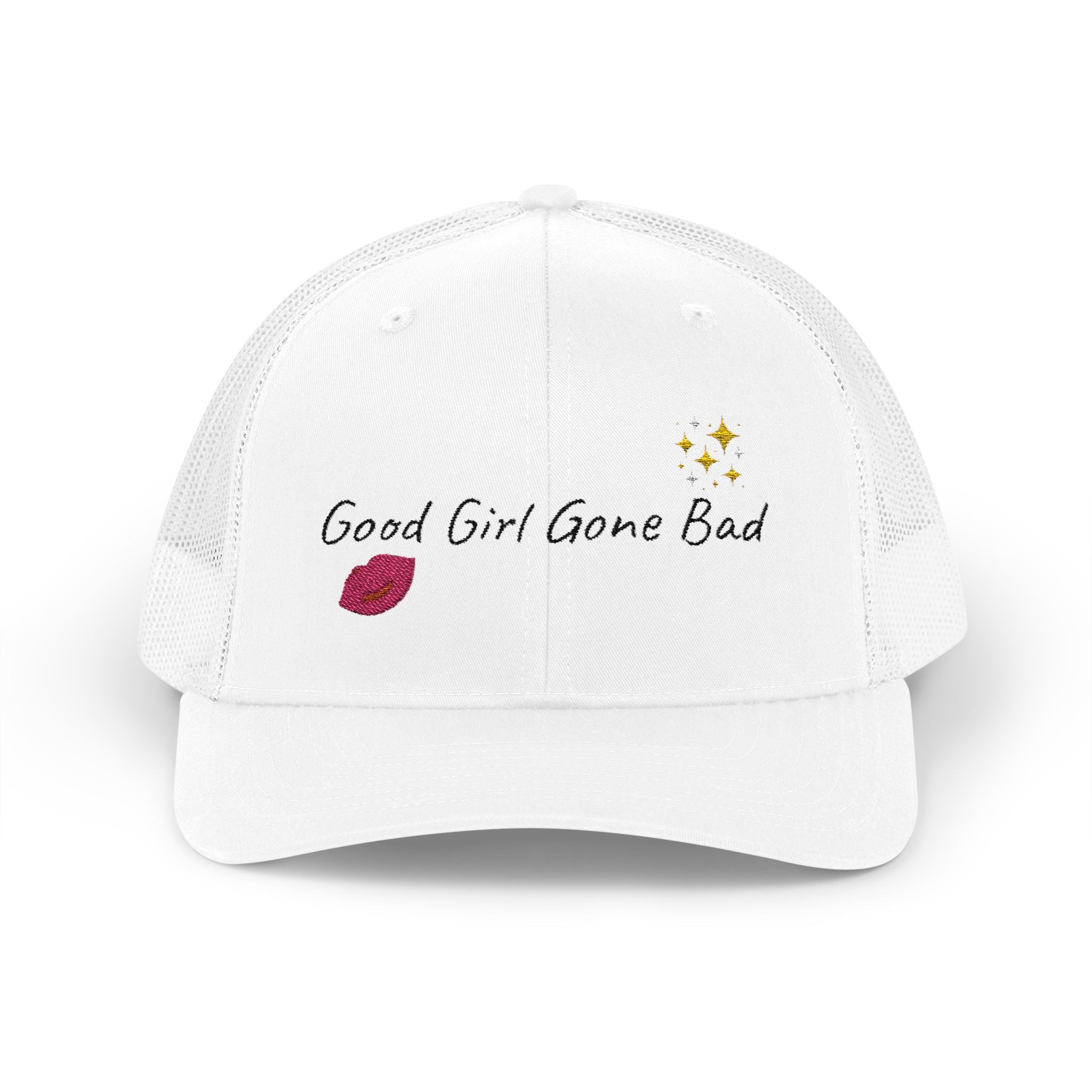 Embroidered Trucker Cap — "Good Girl Gone Bad" Lip & Sparkle Design